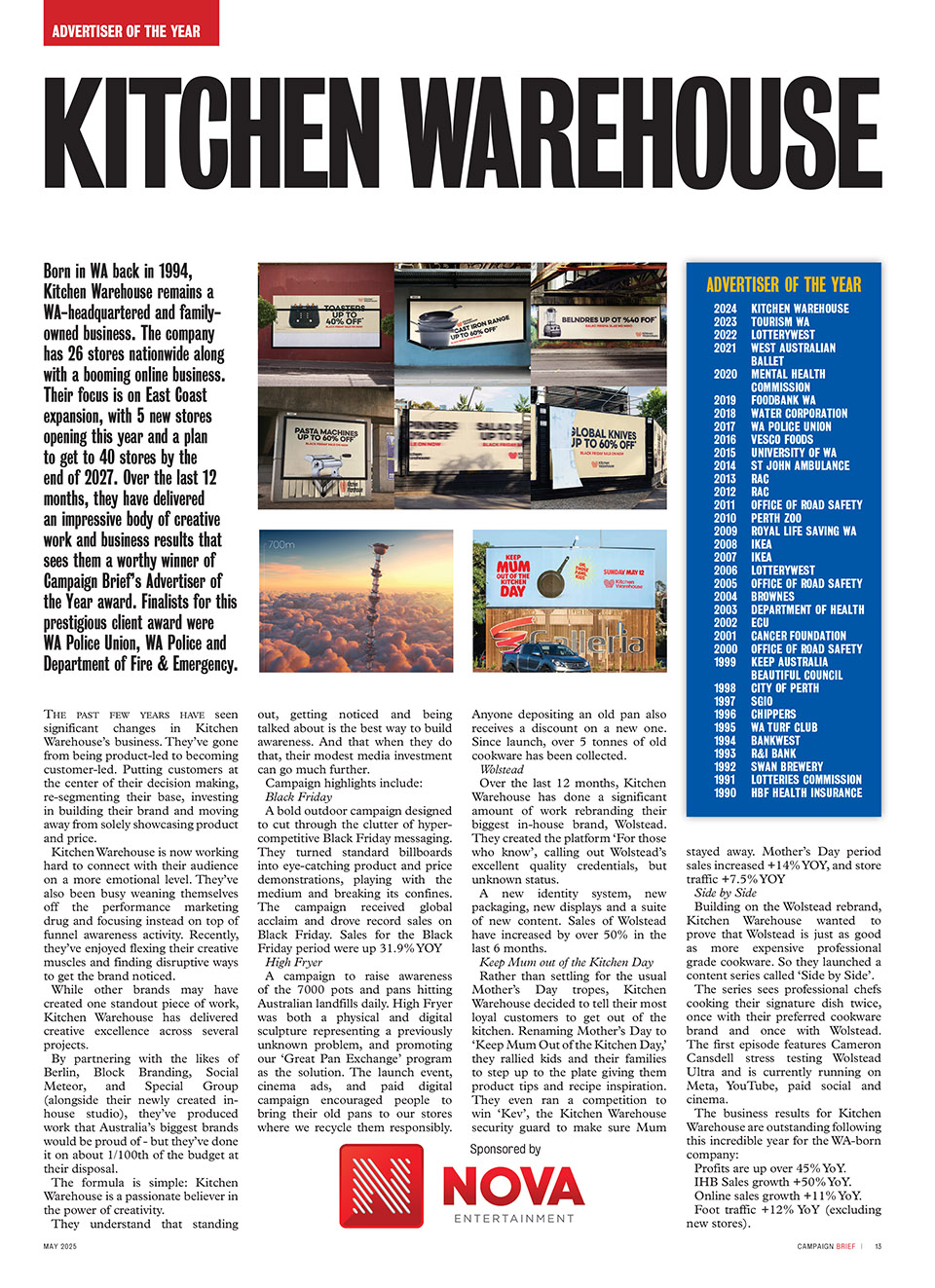Kitchen Warehouse named 2025 Campaign Brief WA Advertiser of the Year at gala Oasis Ball